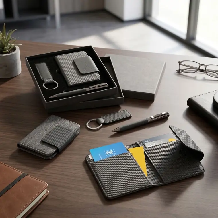 Kit corporativo Markmelo — billetera, llavero y esfero personalizados con el logo de tu empresa