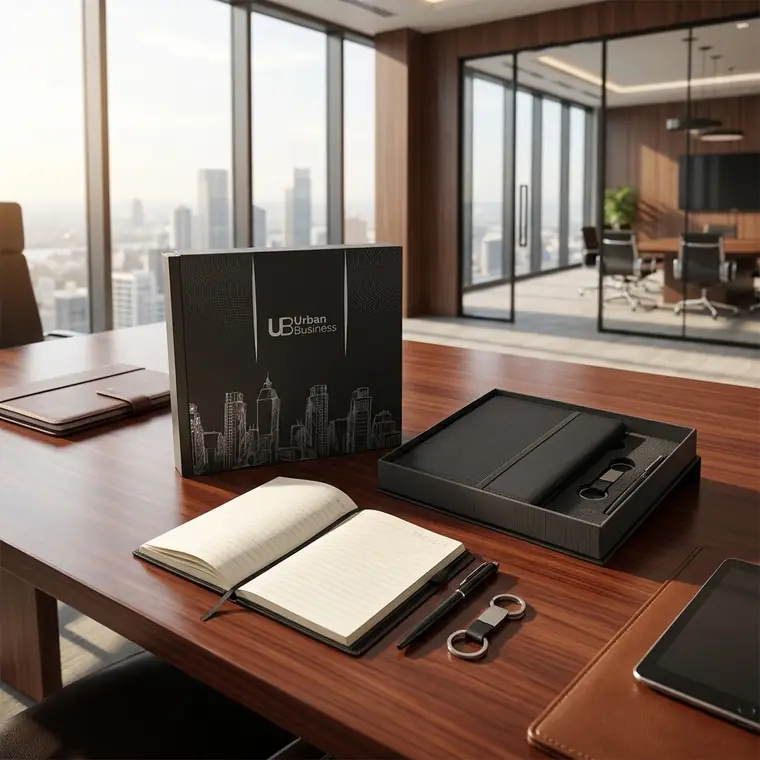 Kit corporativo Urban Business Markmelo — libreta, esfero y llavero personalizados con el logo de tu empresa
