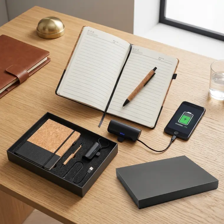 Kit corporativo tecnológico Markmelo — power bank, libreta y esfero personalizados con el logo de tu empresa