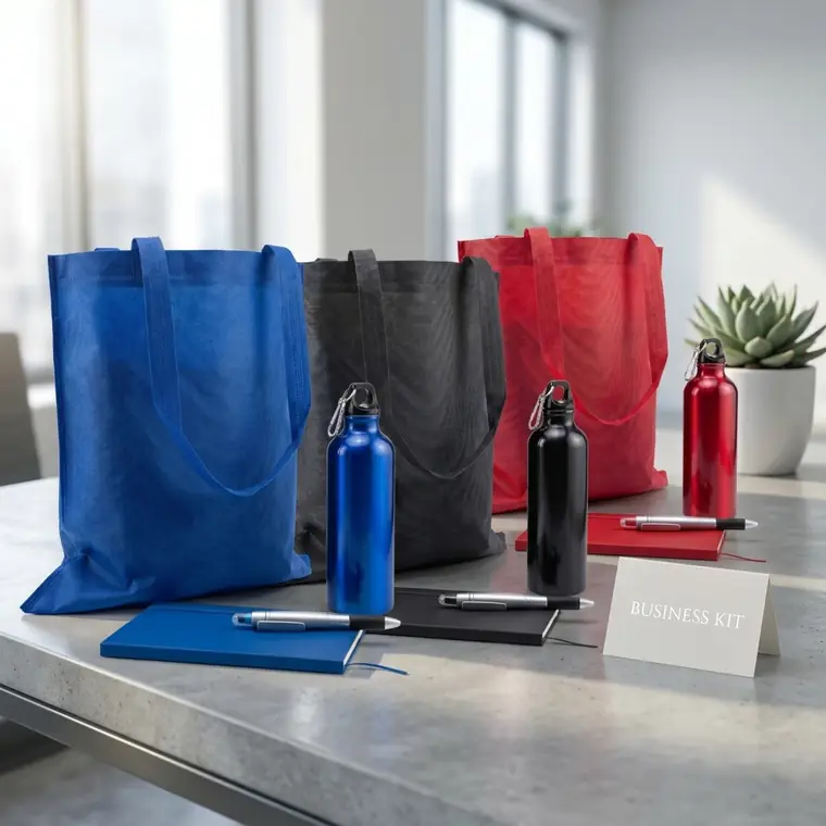 Business Kit Markmelo — tulas, botilitos y libretas en azul, negro y rojo personalizados con el logo de tu empresa