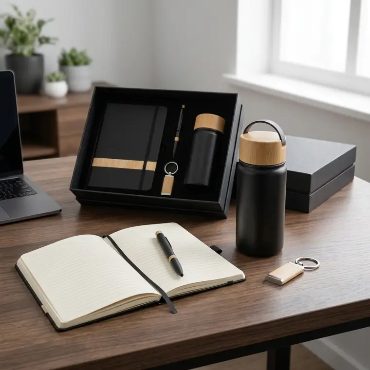 Kit corporativo en bambú Markmelo — libreta, botilito y llavero personalizados con el logo de tu empresa
