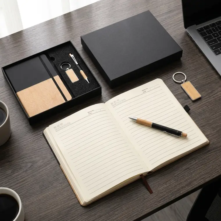 Kit corporativo en madera Markmelo — libreta, esfero y llavero personalizados con el logo de tu empresa