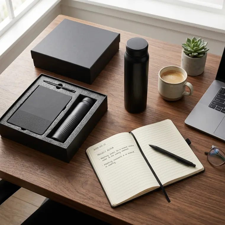 Kit corporativo minimalista Markmelo — libreta y botilito negro personalizados con el logo de tu empresa